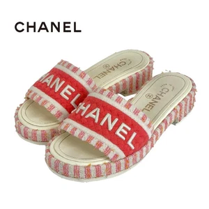 CHANEL Sandals Shoes Fabric Pink White Mules Coco Mark Logo Embroidered Stripes - Picture 1 of 10