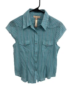 Andrew & Co Metallic Striped Snap Front Western Shirt Blue Sz Medium Ranch - Picture 1 of 11