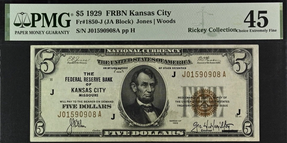FR-1850J 1929 Series $5 Kansas City Federal Reserve Bank Note PMG-45 - Image 1 of 2