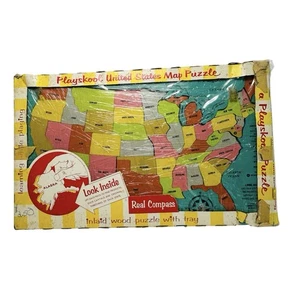 Playskool United States Map Puzzle Inlaid Wood Tray Compass Complete l960s Box - Picture 1 of 11