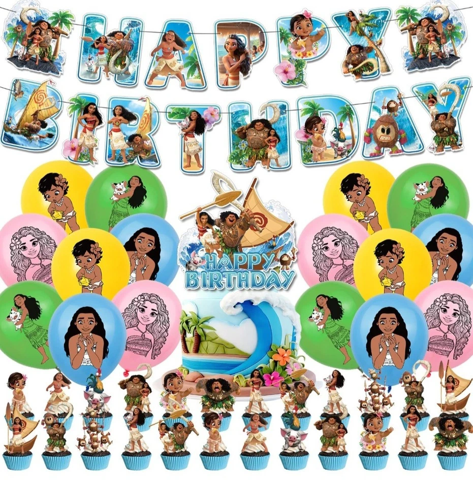 Decorações de festa de aniversário Moana, incluem banner de aniversário, balões, enfeites de bolo  - Imagem 1 de 4