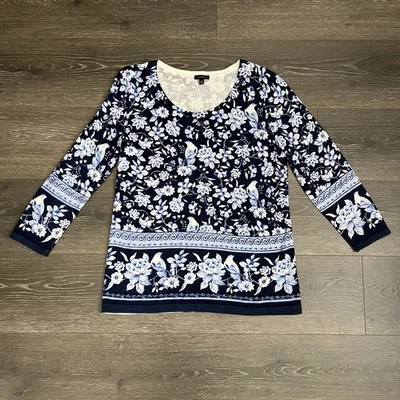 Talbots India Ink Medallion Bird Toile Light Sweater 3/4 Blue Sleeve Size Medium - Image 1 of 4