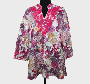 Charter Club Linen Cotton Paisley Floral Embroidered Tunic top Boho LG - Picture 1 of 6