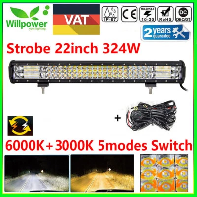 22inch 7D 324W SUV Off road White Amber Car Dual Color Led Light Bar + Harness - Image 1 of 4