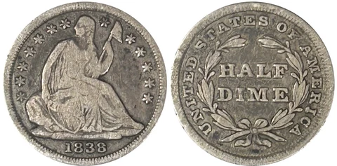 1838 Seated Liberty Half Dime H10C - Lg Stars / No Drapery Cover