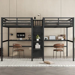 Double Metal Loft Bed with Double Desk, Wardrobe, Shelves and Electrical Outlet - Picture 1 of 20