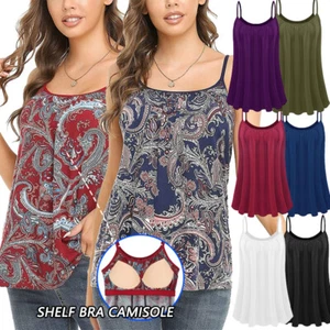 Women Cami Flowly Tank Top with Built in Padded Bra Shirred Relaxed Vest Shirts - Picture 1 of 32