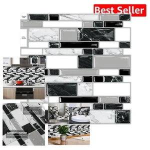 10-Pack 12"x12" Peel and Stick Backsplash Tiles - White Black Marble Elegance - Picture 1 of 11