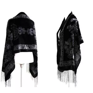 Sciarpa scialle nuovo elegante nero e grigio vintage floreale seta burnout velluto avvolgente - Foto 1 di 2