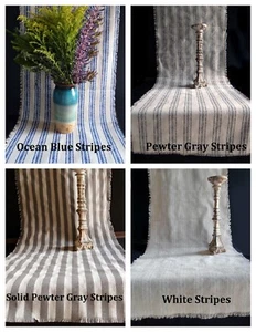 Corredor de mesa de lino rústico natural rayas borde de flecos 14,5" x 108" o 19" x 108" - Imagen 1 de 8