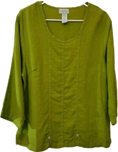 Vintage Mosaik USA 100 % Leinen Tunika Top Damen mittelgrün langarm selten - Bild 1 von 15