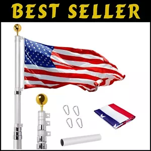 Patriotic 25FT Telescoping Flag Pole with Solar Light Capability - Silver Finish - Picture 1 of 9