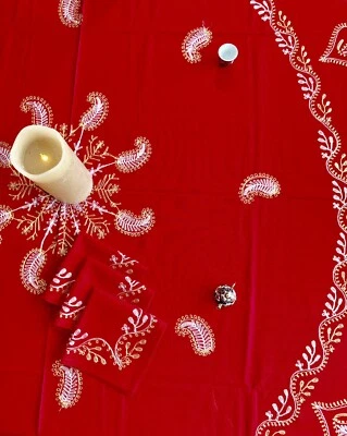 Round AGHABANI Embroidered TABLECLOTH Gold Silk on Red 78” Diameter Approx - Image 1 of 4