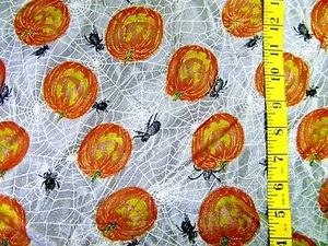 METALLIC PUMPKINS SPIDER WEBS ON SHEER WHITE ORGANZA FABRIC 12X58 INCHES - Picture 1 of 1