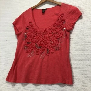Cupio verziertes T-Shirt Blumenapplikation Kurzarm Oberteil koralle Gr. L - Bild 1 von 7