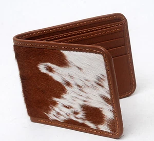 Cow hide Leather Men Bifold Purse Luxury HAIR ON Leather Card Holder Wallet-111 - Picture 1 of 3