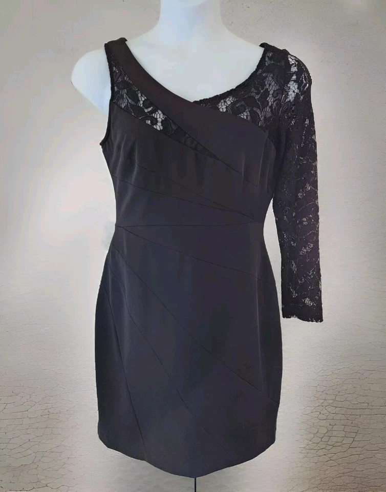 Suzi Chin Maggy Boutique Asymmetric Sheath Dress 14 Black Lace Party Cocktail - Image 1 of 4