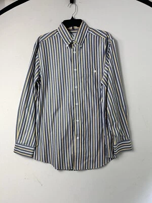 Camisa masculina ORVIS manga longa listrada azul/dourada/branca média com botões - Imagem 1 de 4