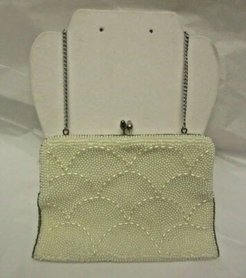 Bolsa de contas branca vintage embreagem tom prata corrente Roger Van S espelho Japão - Imagem 1 de 4