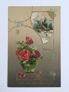 Postal con reverso Winsch floral en relieve de saludos de año nuevo 1908 - Imagen 1 de 5