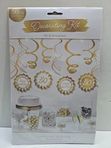 50TH HAPPY BIRTHDAY DECORATING KIT HANGING FANS SWIRLS GOLD - Picture 1 of 1