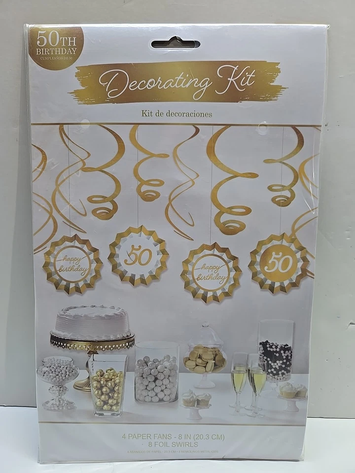 50TH HAPPY BIRTHDAY DECORATING KIT HANGING FANS SWIRLS GOLD - Image 1 of 1