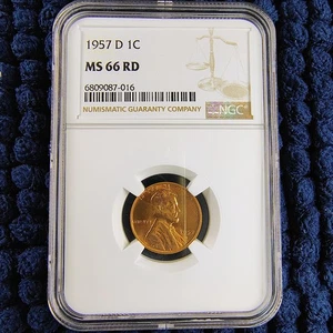 1957 D Lincoln Wheat Cent - Denver Mint - NGC MS 66 RD - Nice Red Luster - Picture 1 of 8
