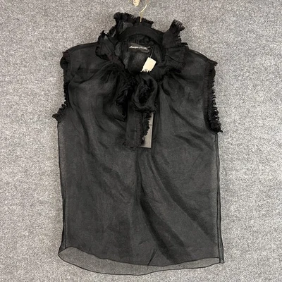 NEW Monique Lhuillier Black Silk Sheer Ruffle Neck Sleeveless Blouse Size 6 - Image 1 of 4