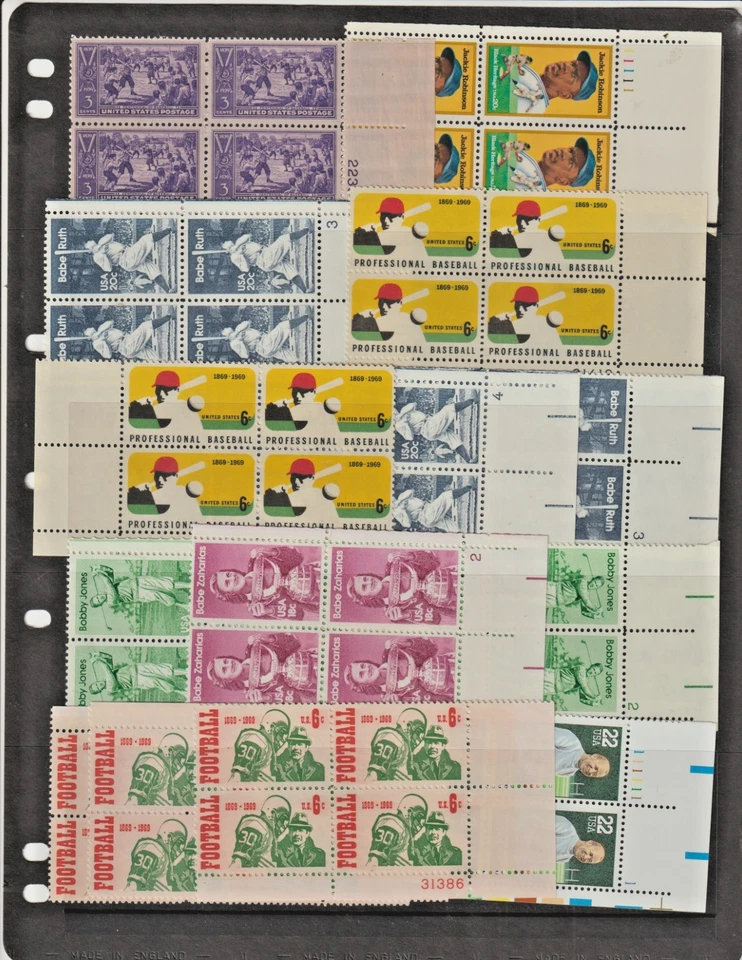 US Collection of  Plate Number Blocks SPORTS Baseball Football Golf VF MNH - Image 1 of 1