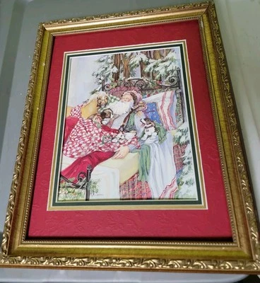 Vintage JODI JENSEN Sleeping Santa Professionally Framed ART Matted Christmas  - Image 1 of 4