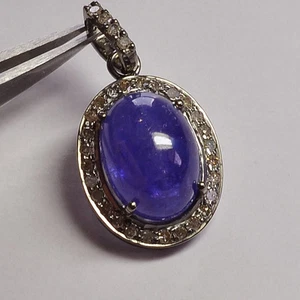 Rhodium Plated Sterling Silver Tanzanite Diamond Necklace Pendant - Picture 1 of 5