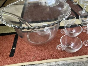 Imperial Glass Candlewick 12 1/4” W Punch Bowl, Ladle, 6 Glasses - Picture 1 of 7