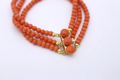 Wunderschöner Damen Korallen Armband 3 reihig Korallen-Kugeln 585 / 14K Gelbgold - Bild 1 von 4