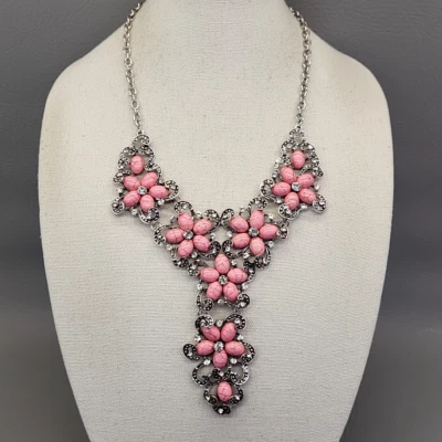 Stone Necklace Y-Drop Pink Howlite Bib Chunky Statement Silver Tone JTV 24" - Image 1 of 4