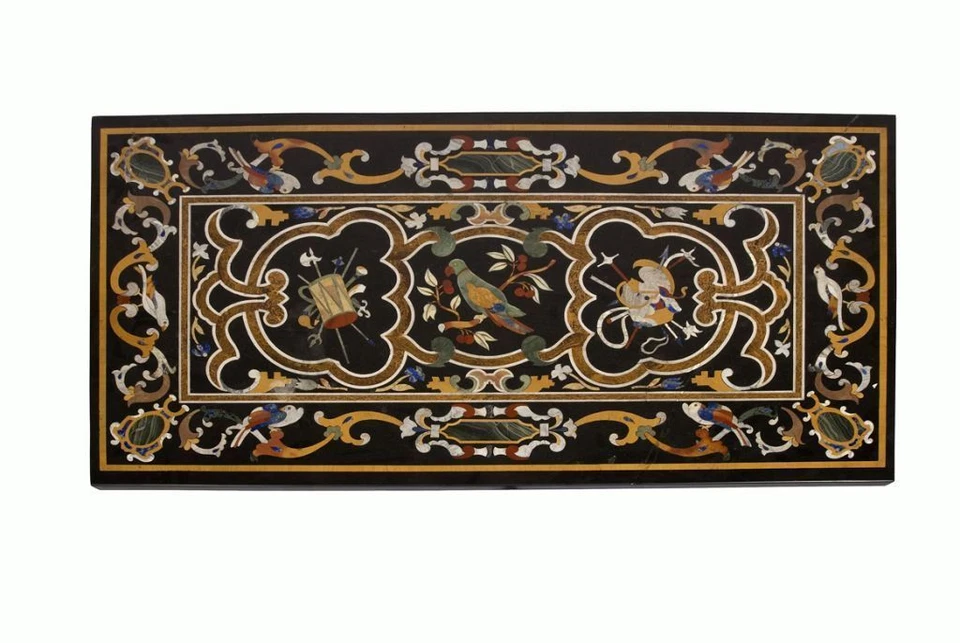 48" x 24" Black Marble Dining Center Table Top Pietra Dura Inlay Art - Image 1 of 1