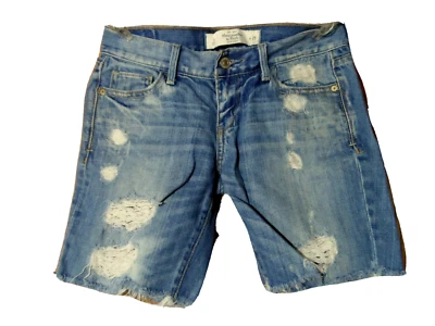 ABERCROMBIE Jean Shorts Jr. 0 25 Medium wash Embroidered Distressed Urban denim - Image 1 of 4