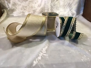 NEW VINTAGE HOLIDAY RIBBON-LOT OF 3-GOLD SHIMMER AND GREEN VELVET/GOLD EDGING - Picture 1 of 10