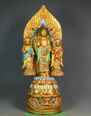 Statua Buddha discepolo Sakyamuni dipinto oro bronzo antico 17,7'' - Immagine 1 di 4