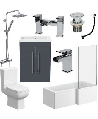 AFFINE Complete 1600 L Shaped Bathroom Suite Close Coupled Toilet Vanity Unit Taps Grey