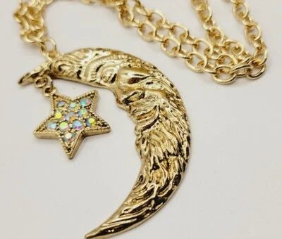 Collar y Colgante Kirks Folly Cresent Moon Tono Dorado Luna y Estrellas 23" Cristal Foto 1 de 4