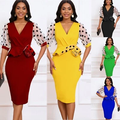 Elegante vestido lápiz de malla de terciopelo manga burbuja cuello en V para mujer vestidos ajustados de oficina Foto 1 de 4