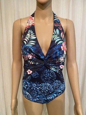 Johnny Was Annia Twist One Piece Swimsuit Halter Top Blue Pink Green - Image 1 of 4