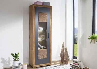 Vitrine schmal Vitrinenschrank Standvitrine Hochschrank Higboard schwarz natur - Bild 1 von 4
