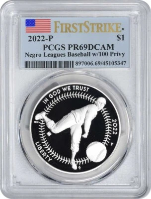 2022-P Negro Leagues Baseball Commem Silver Dollar 100 Privy PR69DCAM FS PCGS - Image 1 of 2