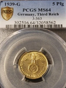 PCGS MS64 1939-G German 5 Reichspfennig J-363 Unc 5Pfg Karlsruhe Mint - Picture 1 of 5