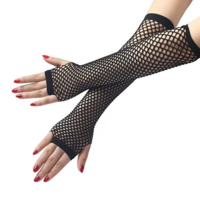 Gothic Black LONG FISHNET MESH ARM WARMERS Fingerless Cosplay Costume Gloves US - Image 1 of 4