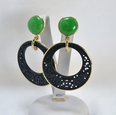 Pendientes de Oro Amarillo 18KT Con Jade Verde Y Negro Oght 0395 - Imagen 1 de 4