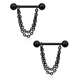 2 Pcs Surgical Steel Nipple Rings Shield Barbell Piercing 14G 5/8'' Chain Dangle - Picture 1 of 5