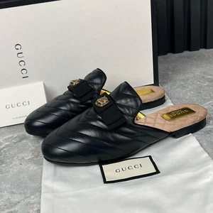 Gucci Matelassé Tiger Head Flat Mules Black Leather 6.5 US or 36.5 EUR - Picture 1 of 22