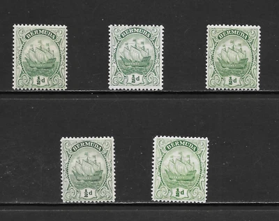 BERMUDA SCOTT 82 MNH x 5 - 1922 1/2p GREEN ISSUE - CARAVEL - Image 1 of 2